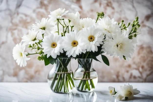 tres jarrones con flores blancas en una mesa uno con el otro con el otro