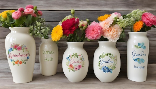 tres jarrones con flores en ellos uno de los cuales dice jardín