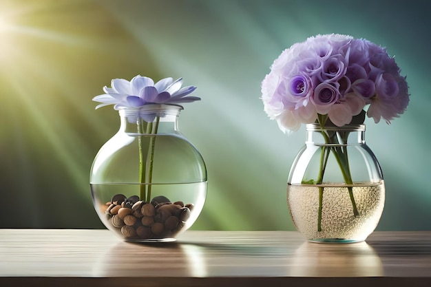 tres jarrones con flores y una flor púrpura en él