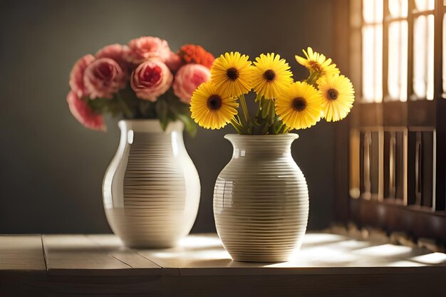 Foto tres jarrones con flores frente a una ventana.