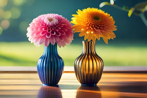 tres jarrones con flores en una mesa uno de los cuales tiene el otro rosa y amarillo