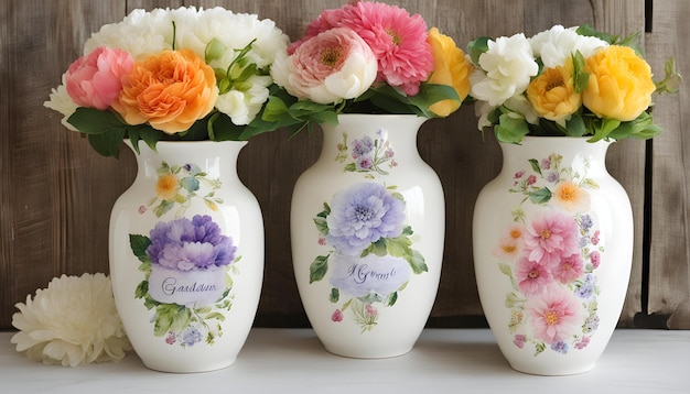 tres jarrones con flores con la palabra jardín en ellos