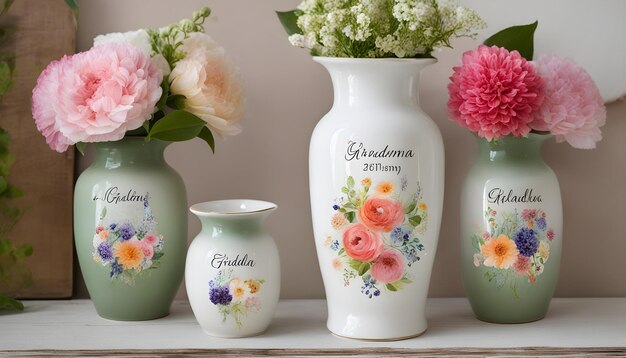 tres jarrones con flores y la palabra saludos en ellos