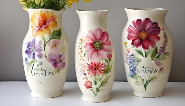 Foto tres jarrones con flores pintadas en ellos están pintados con la palabra amistad