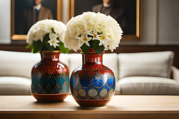 Foto tres jarrones con flores sobre una mesa y un espejo detrás.