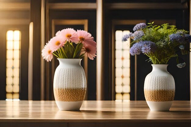 tres jarrones con flores sobre una mesa y una lámpara detrás de ellos