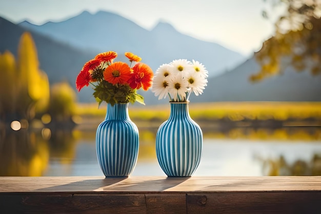 Tres jarrones con flores sobre una mesa de madera frente a un lago.