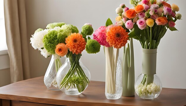 tres jarrones con flores y uno tiene una flor rosa y blanca en él