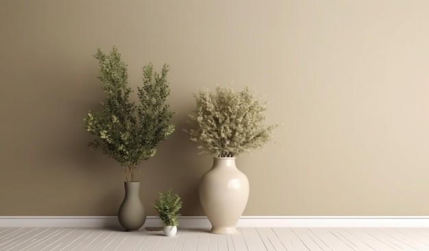 Tres jarrones con plantas están sobre un suelo blanco.