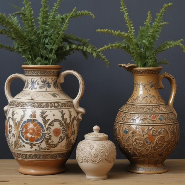 tres jarrones con plantas en una mesa y uno de ellos tiene una flor en él