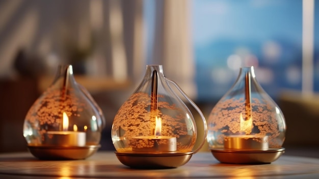 Tres jarrones de vidrio con velas encendidas sobre una mesa frente a una ventana generativa ai