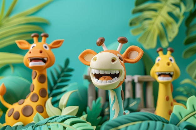 Tres jirafas están de pie en una jungla con la boca abierta