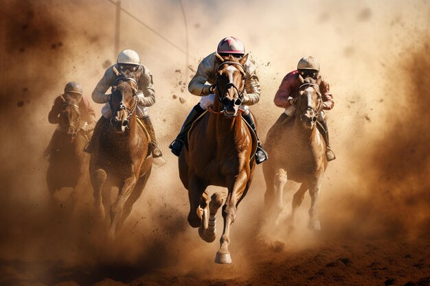Foto três jóqueis masculinos montando os cavalos de corrida competem no pó do hipódromo ao fundo