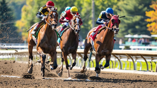 Foto três jóqueis montam seus cavalos em uma corrida apertada os cavalos estão correndo rápido e estão todos em boa posição para vencer