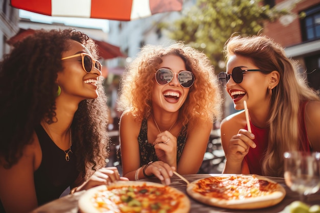 Tres jóvenes amigas comiendo pizza sentadas afuera