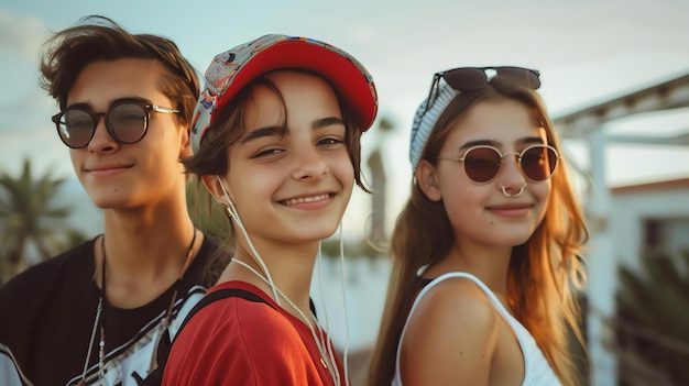 Tres jóvenes amigas, dos chicas y un chico están posando para una foto, todos sonriendo y con ropa casual.