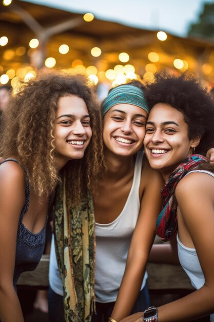 Tres jóvenes amigos disfrutando juntos de un concierto creado con ai generativo