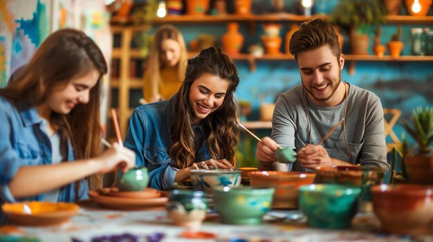 Foto tres jóvenes amigos se están divirtiendo pintando cerámica en un estudio, todos están sonriendo y riendo, y está claro que se están disfrutando.