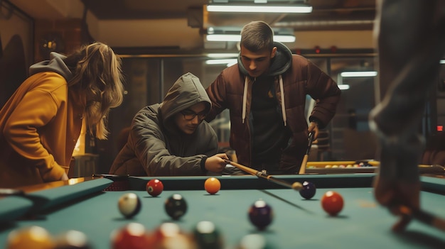 Foto tres jóvenes amigos están jugando al billar en un bar todos están centrados en el juego el hombre en el medio está a punto de tomar un tiro