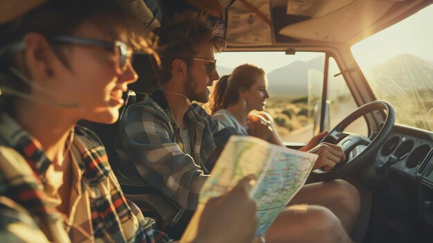 Foto tres jóvenes amigos están en un viaje por carretera están conduciendo a través de un paisaje desértico el sol está brillando todos llevan gafas de sol