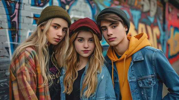 Tres jóvenes amigos posando frente a una pared de graffiti