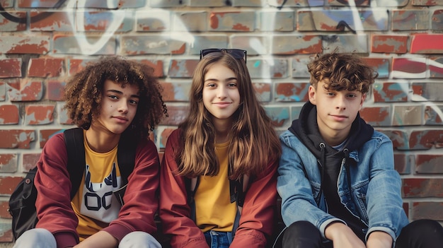 Tres jóvenes amigos sentados frente a una pared de ladrillo la chica en el medio está sonriendo a la cámara el chico a la izquierda está mirando a la chica