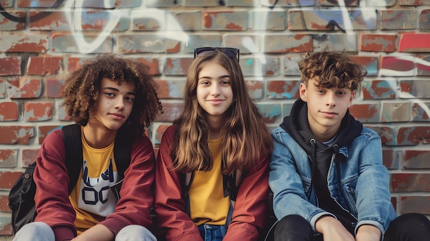 Foto tres jóvenes amigos sentados frente a una pared de ladrillo la chica en el medio está sonriendo a la cámara el chico a la izquierda está mirando a la chica