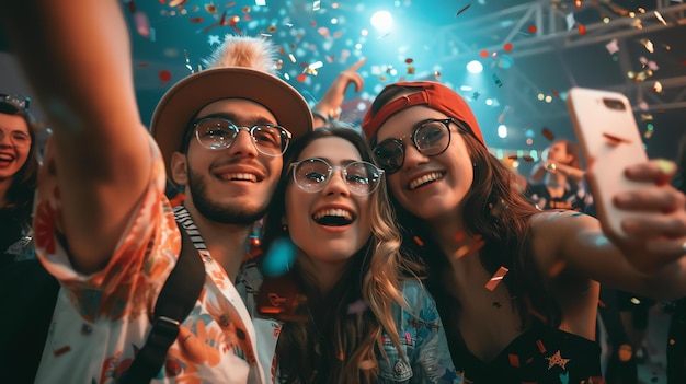 Tres jóvenes amigos se toman una selfie en un concierto, todos están sonriendo y divirtiéndose, el fondo es un borrón de luces y confeti.