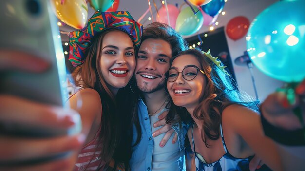 Foto tres jóvenes amigos tomando una selfie en una fiesta todos están sonriendo y riendo y la mujer en el medio está sosteniendo la cámara