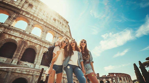 Tres jóvenes amigos turistas posando para fotos divertidas frente al Coliseo en Roma IA generativa