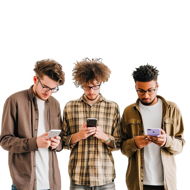 Foto tres jóvenes atractivos mirando teléfonos inteligentes sobre un fondo blanco