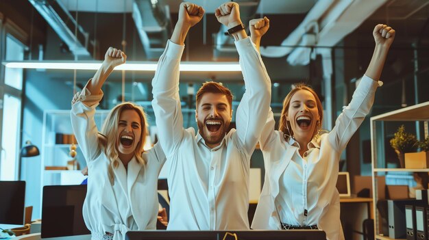 Foto tres jóvenes y atractivos profesionales de los negocios celebran su éxito en la oficina