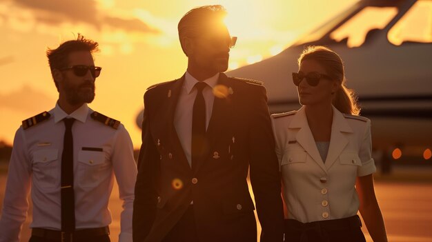 Foto tres jóvenes aviadores caminando a través del aeródromo