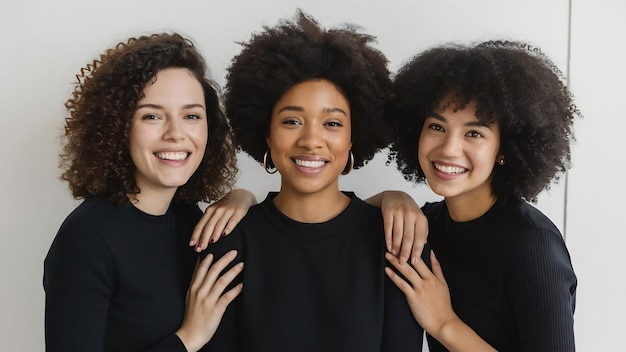 Tres jóvenes caucásicas y africanas felices en camisetas negras miran a la cámara sobre un fondo blanco