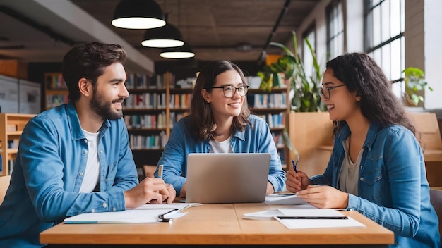 Tres jóvenes emprendedores con perspectivas sentados en una biblioteca de luz moderna en una reunión hablando de nuevas relaciones públicas