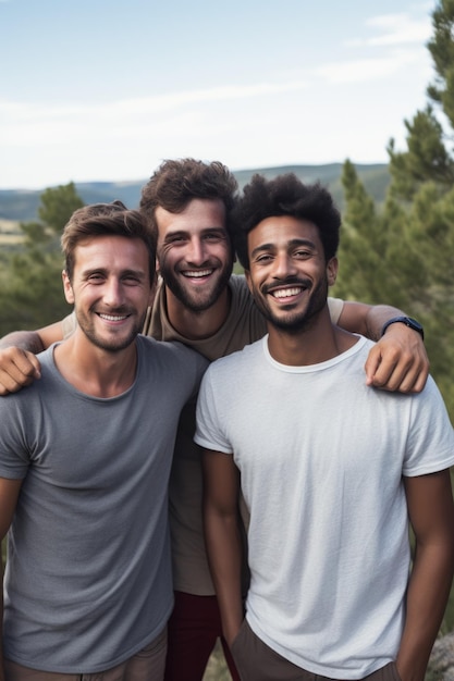 Foto tres jóvenes felices divirtiéndose al aire libre en verano celebrando la amistad y los buenos tiempos ai generat