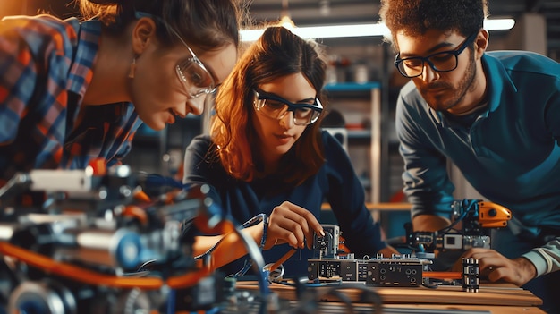 Foto tres jóvenes ingenieros con gafas de seguridad están trabajando en un proyecto electrónico en un taller con poca luz.