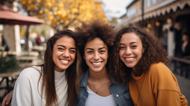 Tres jóvenes mujeres multiétnicas comparten risas mientras pasean por una calle de la ciudad disfrutando de su día libre.