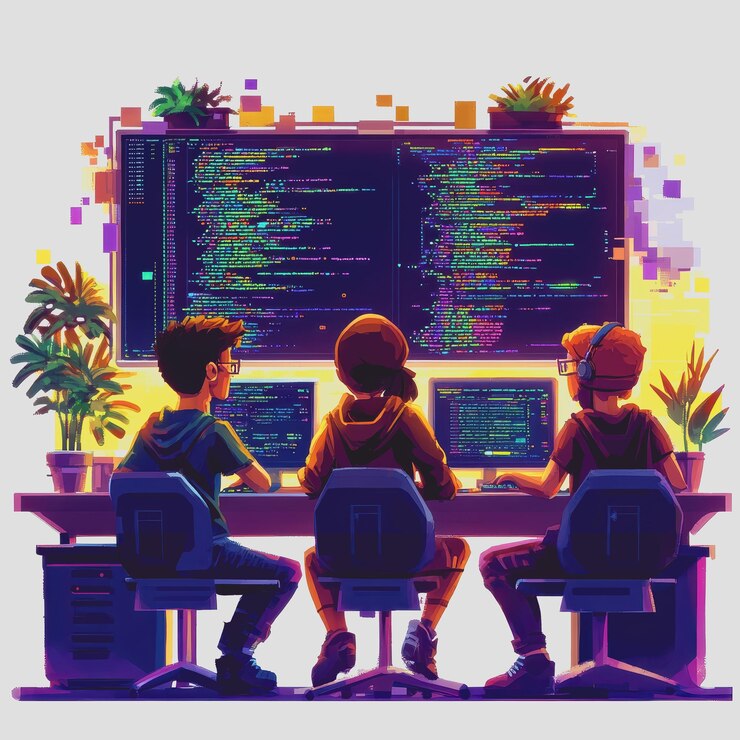 Foto tres jóvenes programadores colaboran en proyectos de codificación en un espacio de trabajo moderno con pantallas de colores y plantas de interior que los rodean