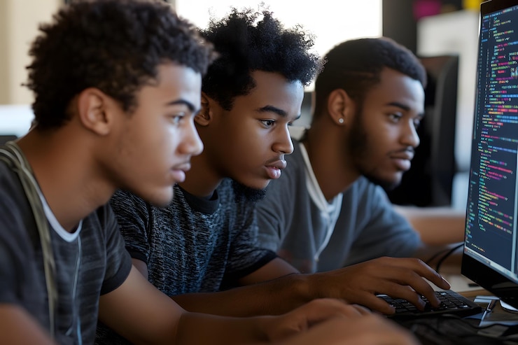 Foto tres jóvenes trabajando en una computadora con código en la pantalla