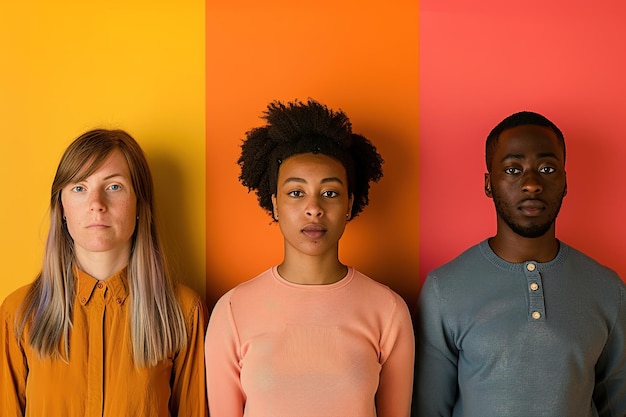 Foto três jovens adultos com expressões neutras contra um fundo tricolor