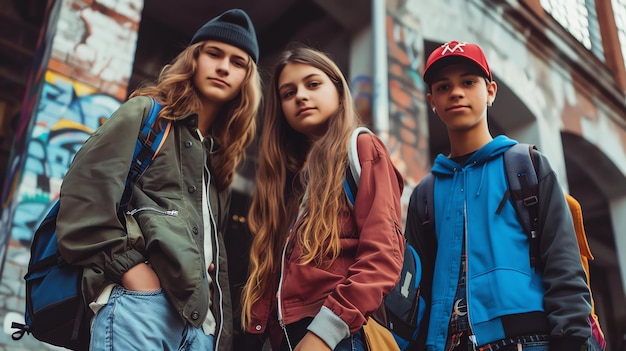 Três jovens amigos de pé juntos em um cenário urbano Eles estão todos vestindo roupas casuais e mochilas