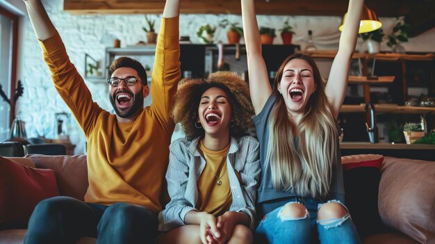 Três jovens amigos estão sentados em um sofá e assistindo TV Eles estão todos excitados e têm os braços no ar