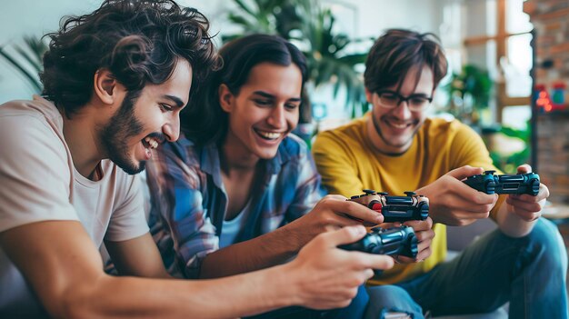 Foto três jovens amigos estão sentados em um sofá e jogando videogames eles estão todos sorrindo e se divertindo