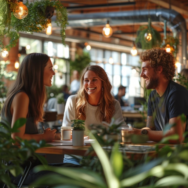 Foto três jovens amigos sentados em uma mesa em um café e conversando.