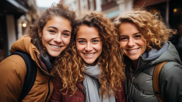 Três jovens e bonitas amigas a sorrirem juntas na cidade.