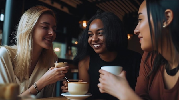 Três jovens tomam café em um café Generative AI