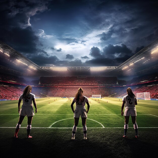 Foto tres jugadoras están de pie en el campo de fútbol