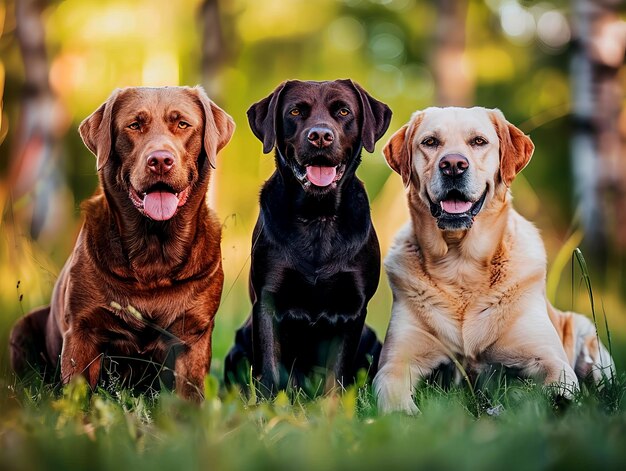 Foto três labradores sentados na grama