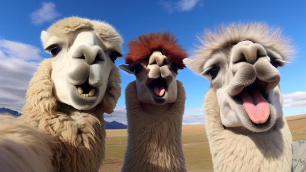 Tres lamas divertidos tomando una selfie